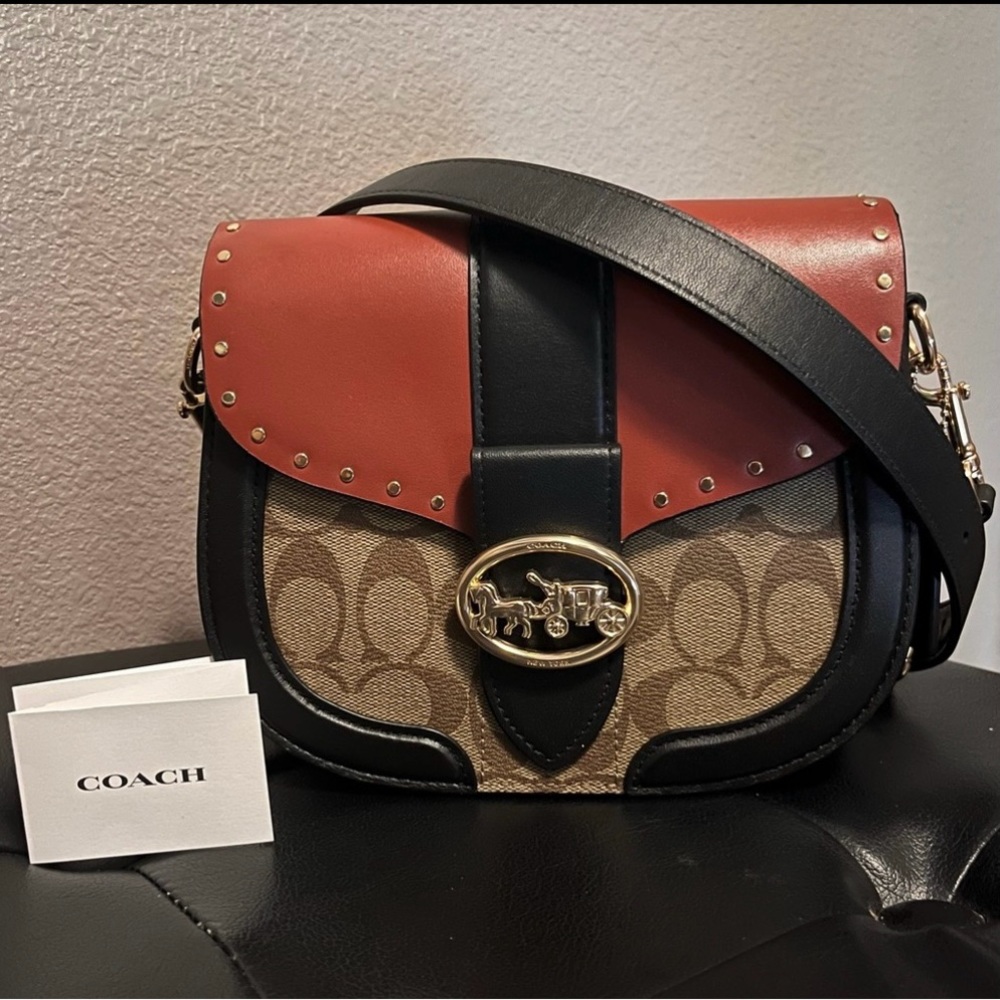 COACH Georgie Saddle Bag In Colorblock Signature Canvas With Rivets